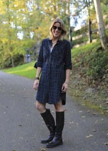 Medium length checkered shirt dress