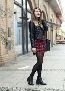 Check dress shirt with black leather jacket