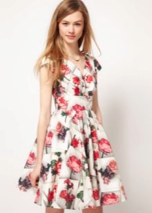White dress with sun skirt with rose print