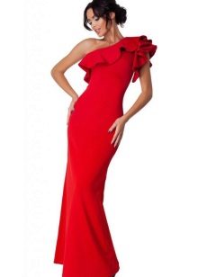 Long red dress with frill on one shoulder