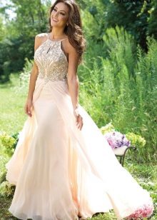 Fluffy beige dress with a train