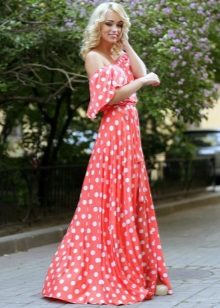Long red dress with white polka dots