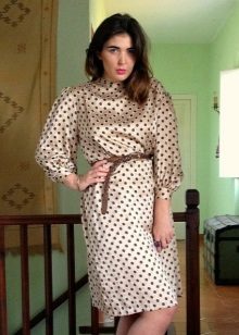 Brown beige silk dress with a long sleeve