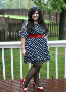 Blue polka-dot dress with a red belt and shoes for full