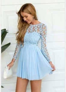 Light blue combo lace short dress with long sleeves
