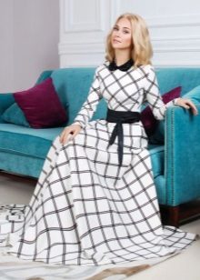Long white check dress with black collar and belt