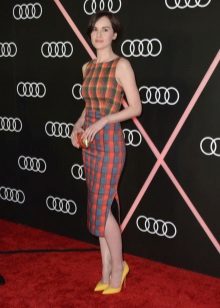 Strict straight dress in a cage of different colors