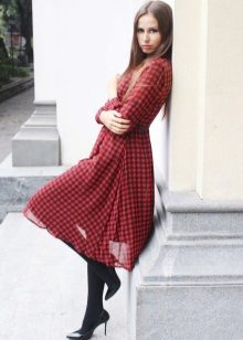 Red and black check chiffon dress