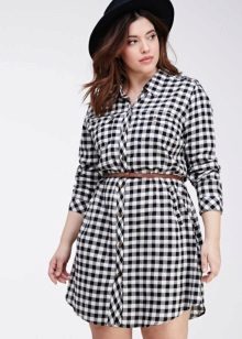 Checkered shirt dress for obese women with a belt and hat