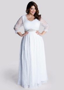 White to the floor dress with long lace sleeves for full