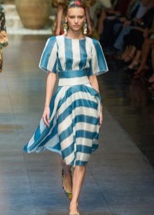 Medium length dress in white and blue stripes