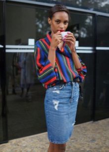 Medium length denim pencil skirt