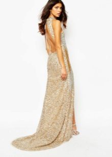 Beige floor-length dress with a train