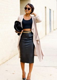 Black leather pencil skirt with a high waist