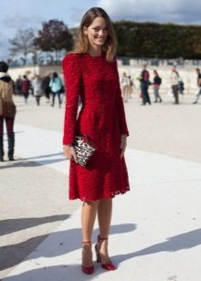Red lace dress with leopard bag
