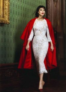 Red coat to midi lace dress