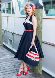 Red accessories to white and blue dress