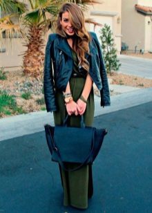 Leather jacket to a green dress