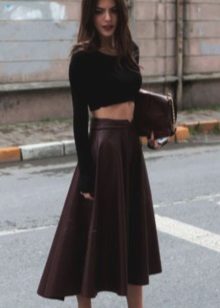 Burgundy leather skirt with a crochet top