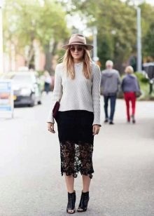 a bright image with a lace pencil skirt