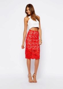 medium lace red pencil skirt