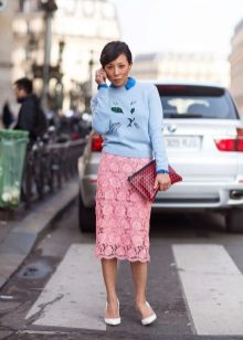 blue pencil skirt with a blue sweater