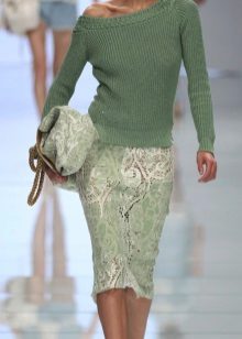 set in shades of green with a lace pencil skirt
