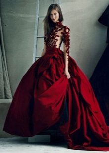 dark red dress with a full taffeta skirt