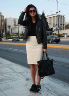 Straight skirt with leather jacket