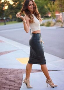 Black leather pencil skirt with a light shirt