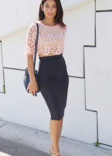 Black pencil skirt with short lace top