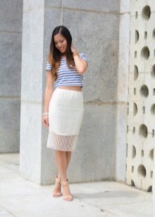 White pencil skirt with blue top