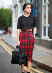 Narrow plaid skirt below the knee