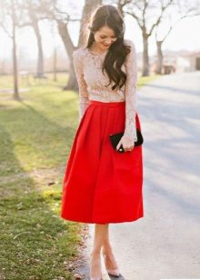 Red bell skirt below the knee