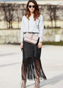 Black leather skirt with fringe
