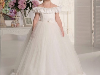 Elegant wedding fluffy dress with lowered shoulders for a girl