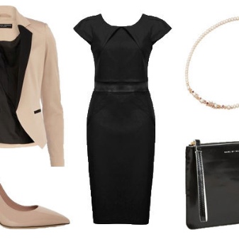 Beige accessories to a black little dress
