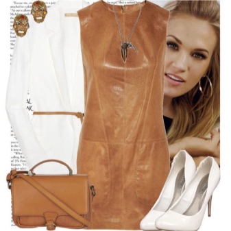 White accessories to brown leather dress