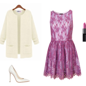 purple lace dress with a white jacket