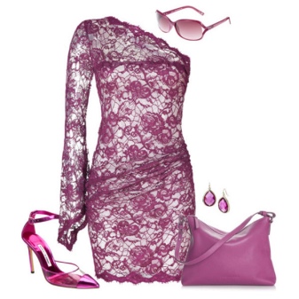 Purple lace dress with tonal accessories