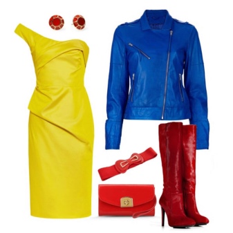 Blue jacket to yellow dress