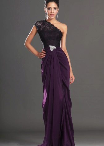 Purple evening dress on one shoulder