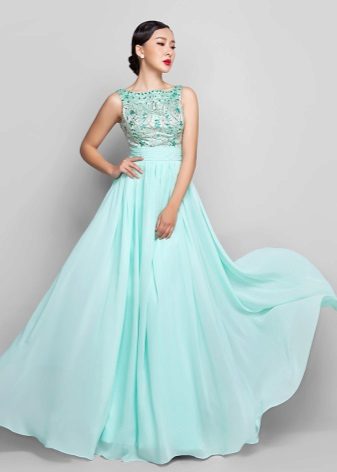 Mint color evening dress with a shiny top