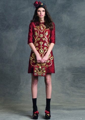 Cherry dress with gold embroidery