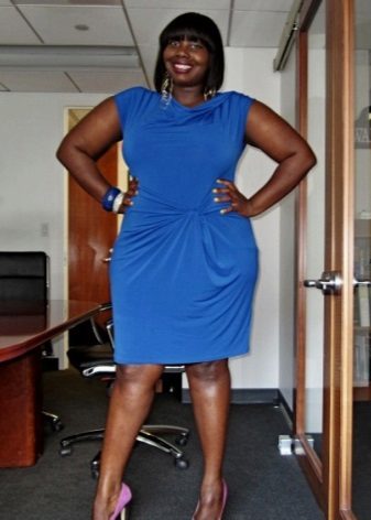 Blue office dress with a drape at the waist for full