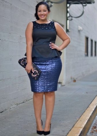 Office dress in blue (top and skirt made of different fabrics) for full