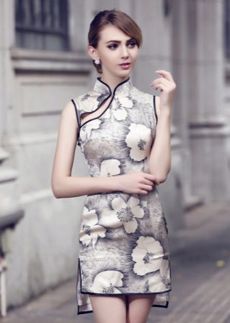 Short qipao dress (Cheongsam dress) in a large floral print with an asymmetrical bottom