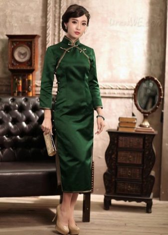 Green dress-cipao length midi with side slits