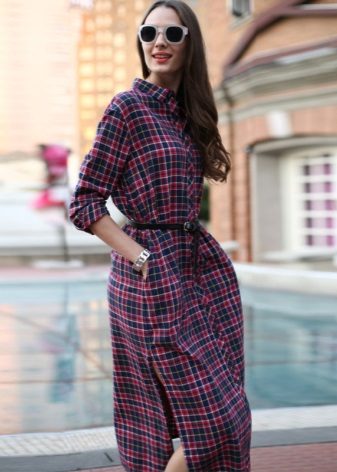Medium length plaid shirt dress with side slits