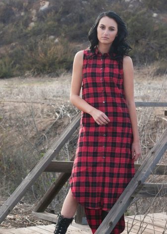 Capless check shirt dress with an asymmetrical hem